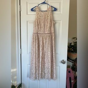 $188 Adrianna Papell size 14 Pink Floral Lace Sleeveless Pleated Fit Flare Midi